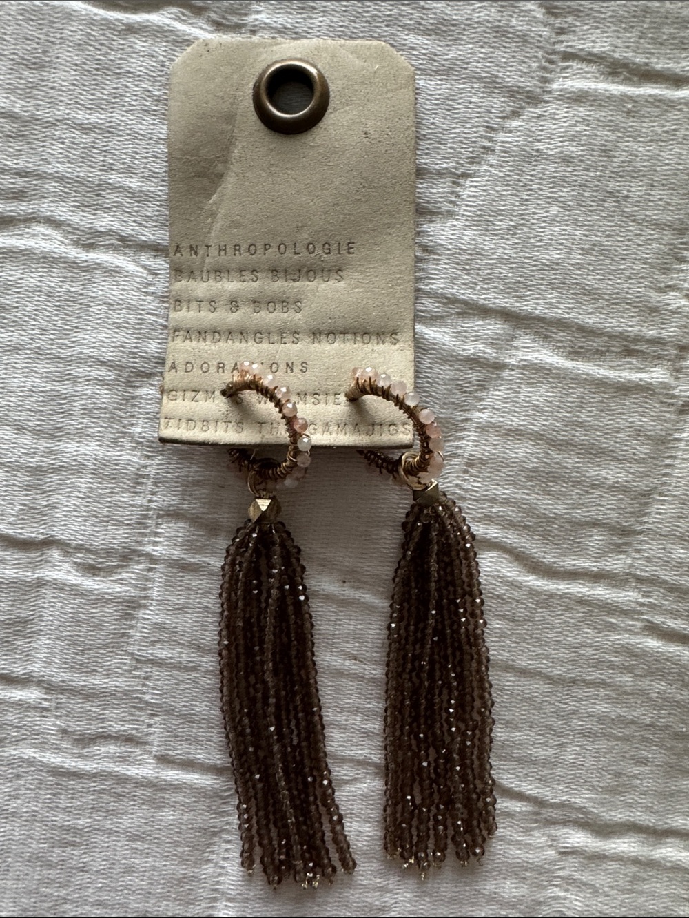 Anthropologie NWT Beaded Tassel Mini Hoop Earrings - Blush/Mocha, 3 1/4” Drop